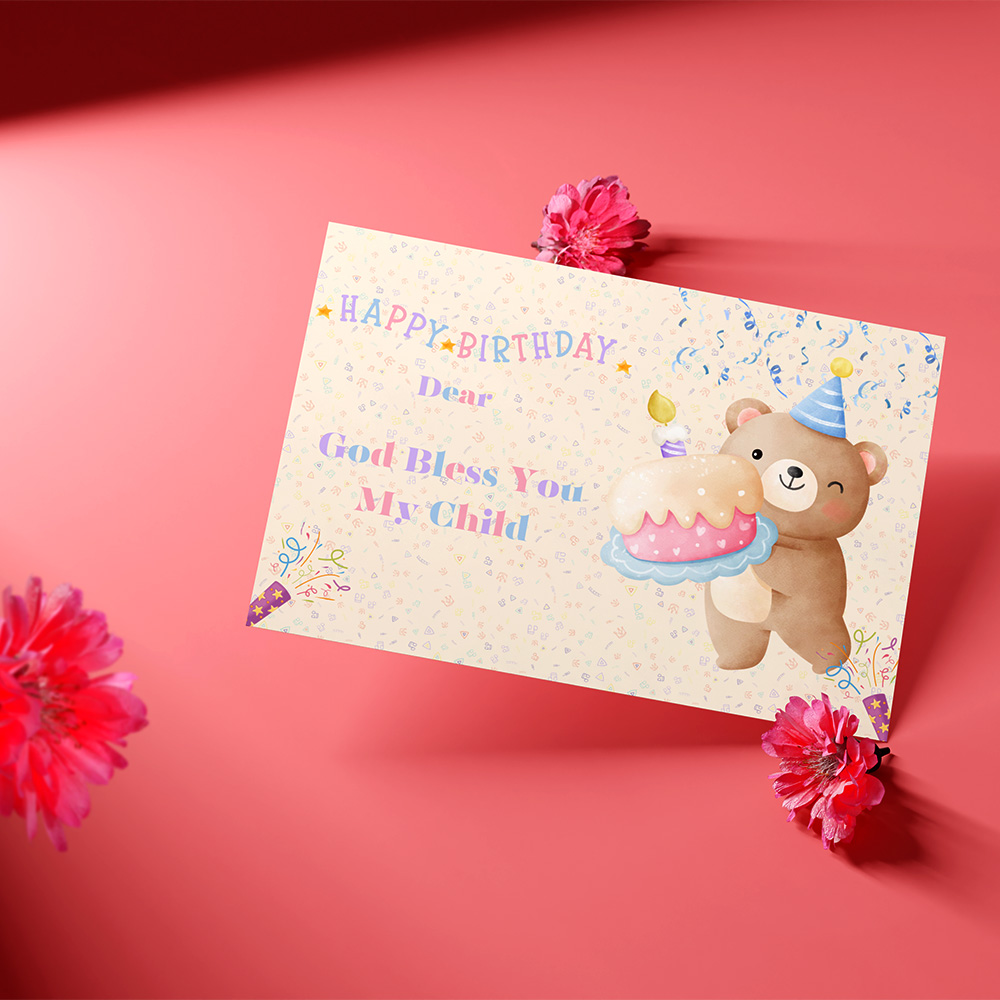 Cute teddy bear birthday card with cake and party hat, styled on a pink background with festive flowers for a cheerful look