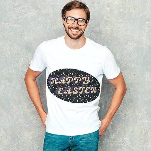 Person carrying a black tote bag with Happy Easter text design, styled casually for a cheerful and festive seasonal look.