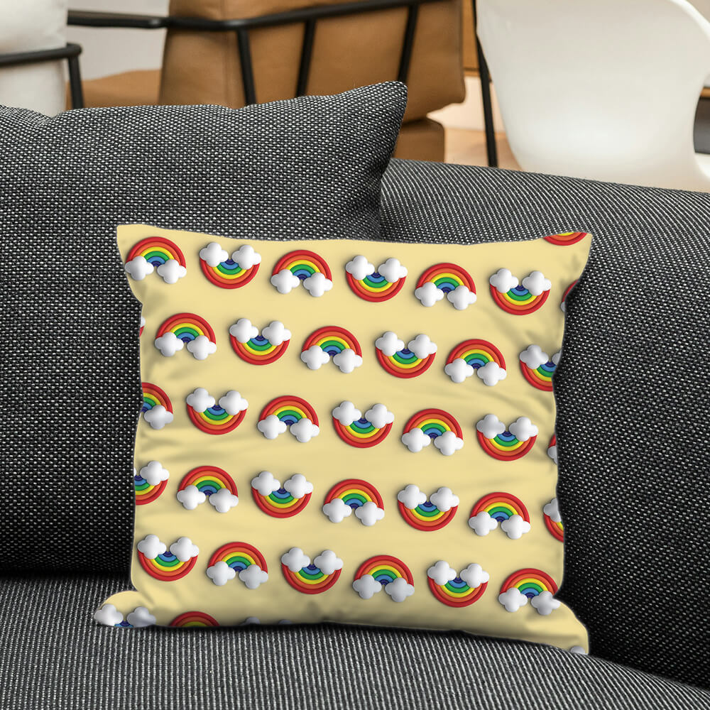 Cushion featuring bold 3D rainbow repeat on light yellow background, adding joy and charm to kids space or gifting.