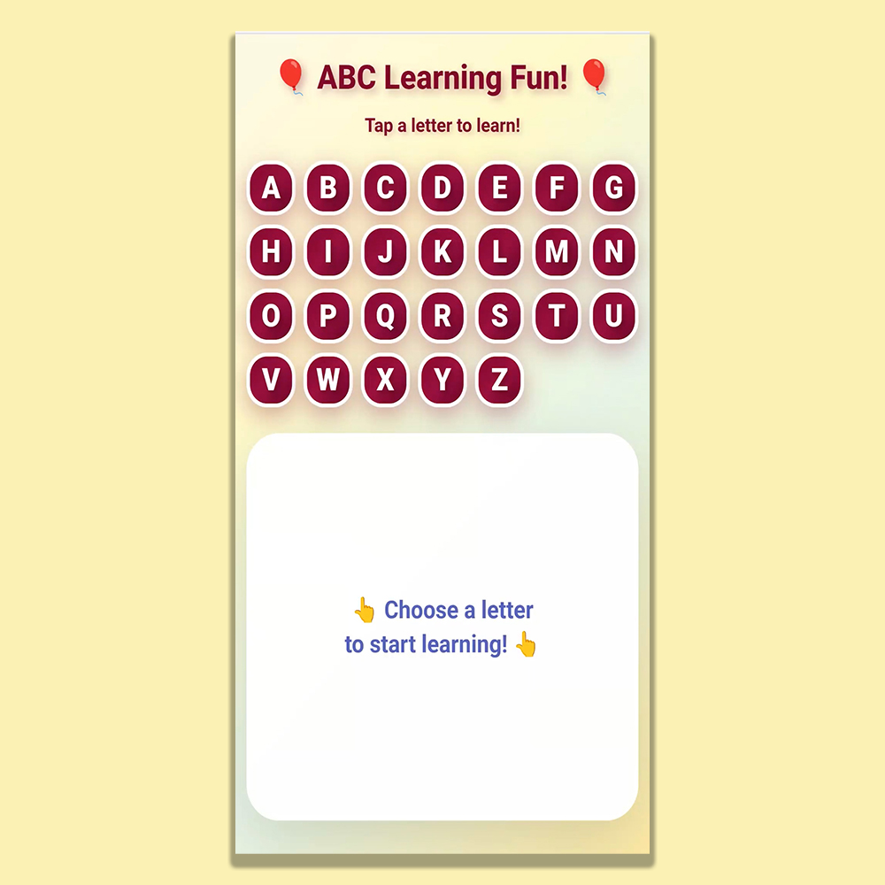 Interactive alphabet learning game for kids showing ABC letter grid and tap to learn screen with images and object names.