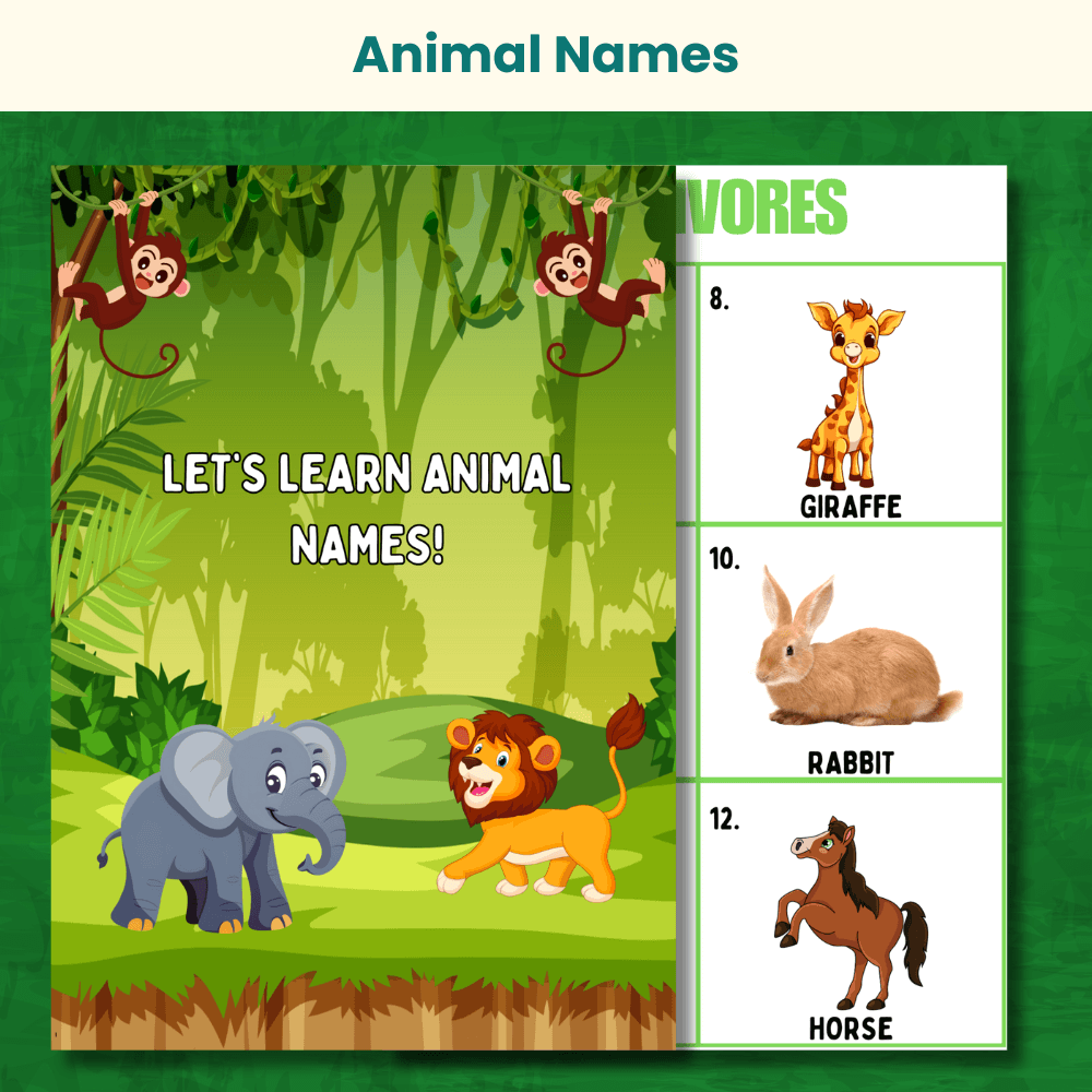 Animal names learning printable showing herbivores, carnivores and omnivores with bright jungle animals for kids learning.