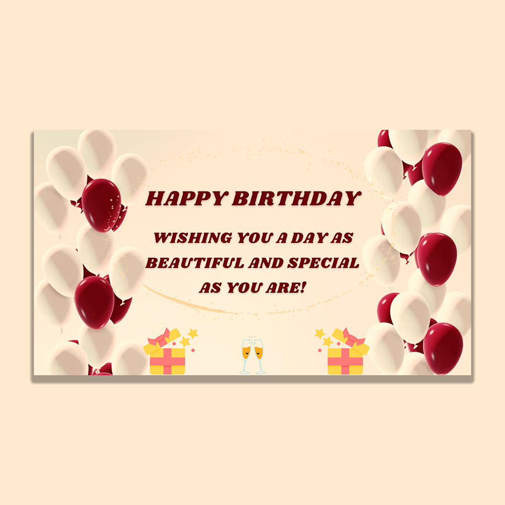 Animated happy birthday video with elegant balloons, sparkles and a heartfelt message for a warm beautiful celebration.