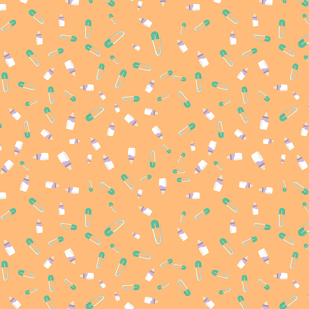 Baby essentials seamless pattern with soft baby icons on warm backgrounds for nursery decor and gentle baby themes.