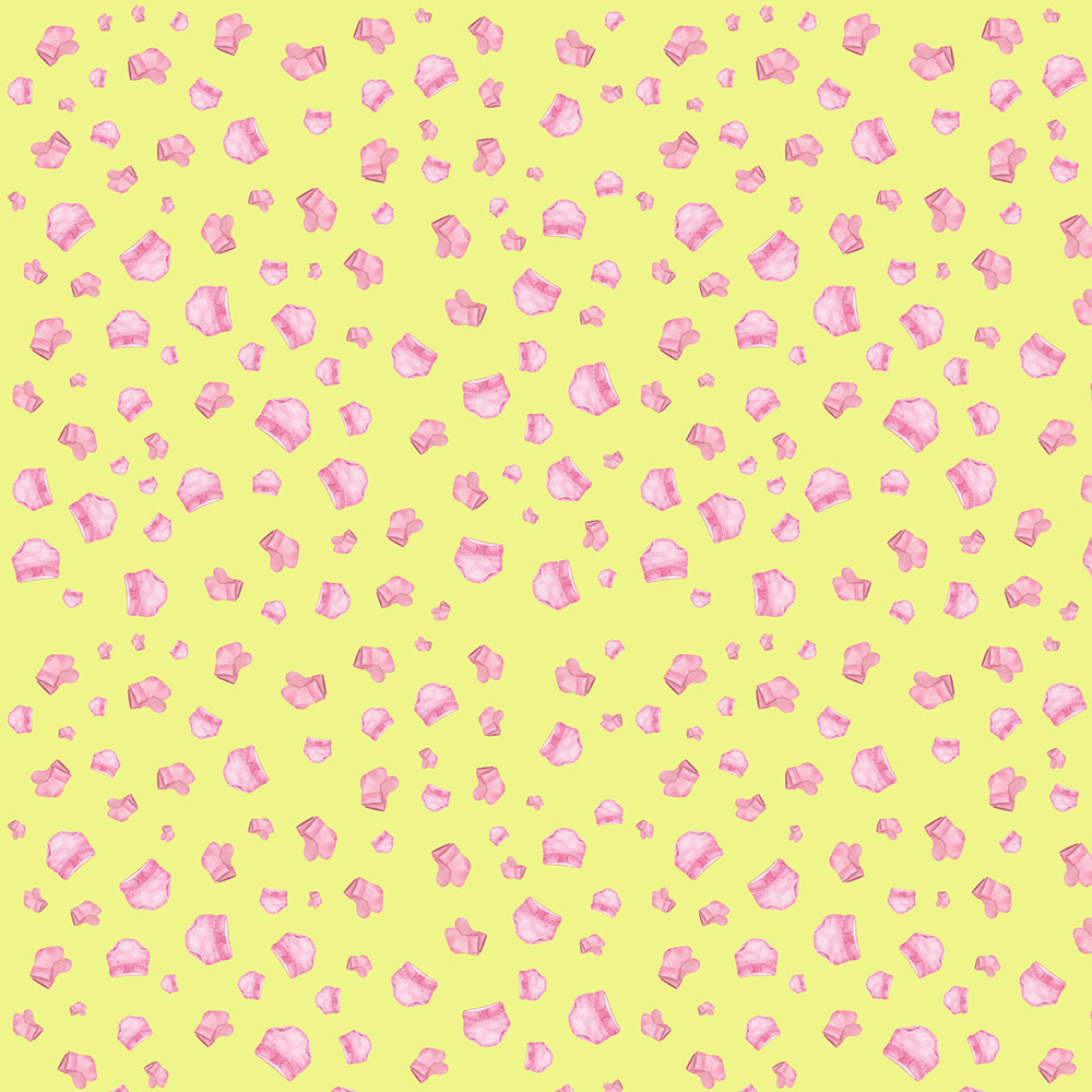 Baby girl seamless pattern with soft pink diaper and sock illustrations on yellow, designed for nursery and printable crafts.