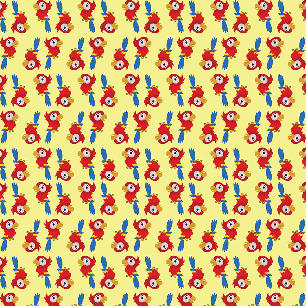 Baby macaw seamless pattern with cute illustrated macaw birds arranged in a colorful layout for kids' creative designs.
