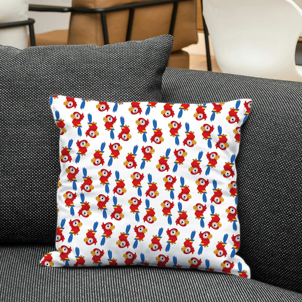 Cushion featuring seamless baby macaw print with red and blue birds, adding cheerful energy to nursery or kids decor.