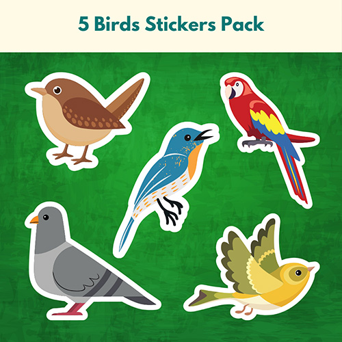Bird stickers printable with five colorful illustrated birds designed for learning activities, creative layouts and decor.