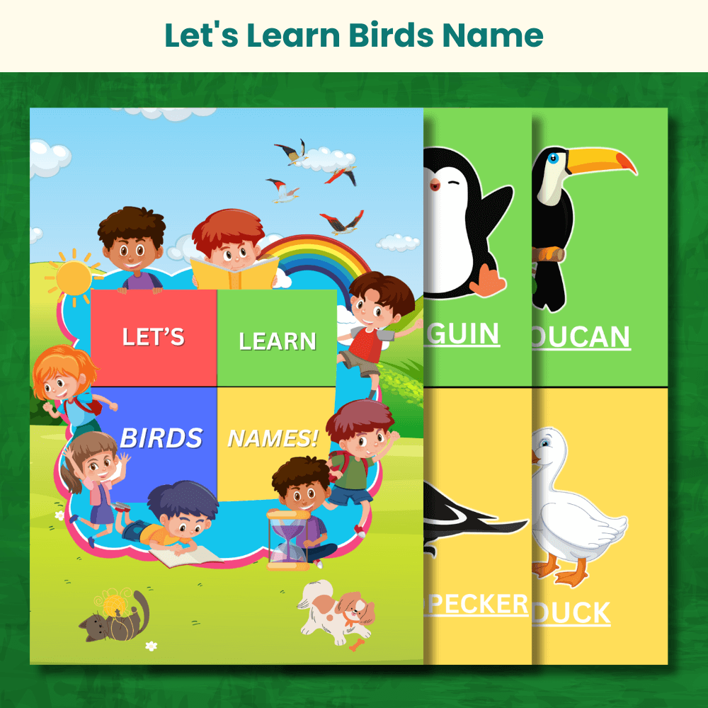 Birds name learning worksheet with penguin, duck, toucan and more designed for kids to explore bird names visually.