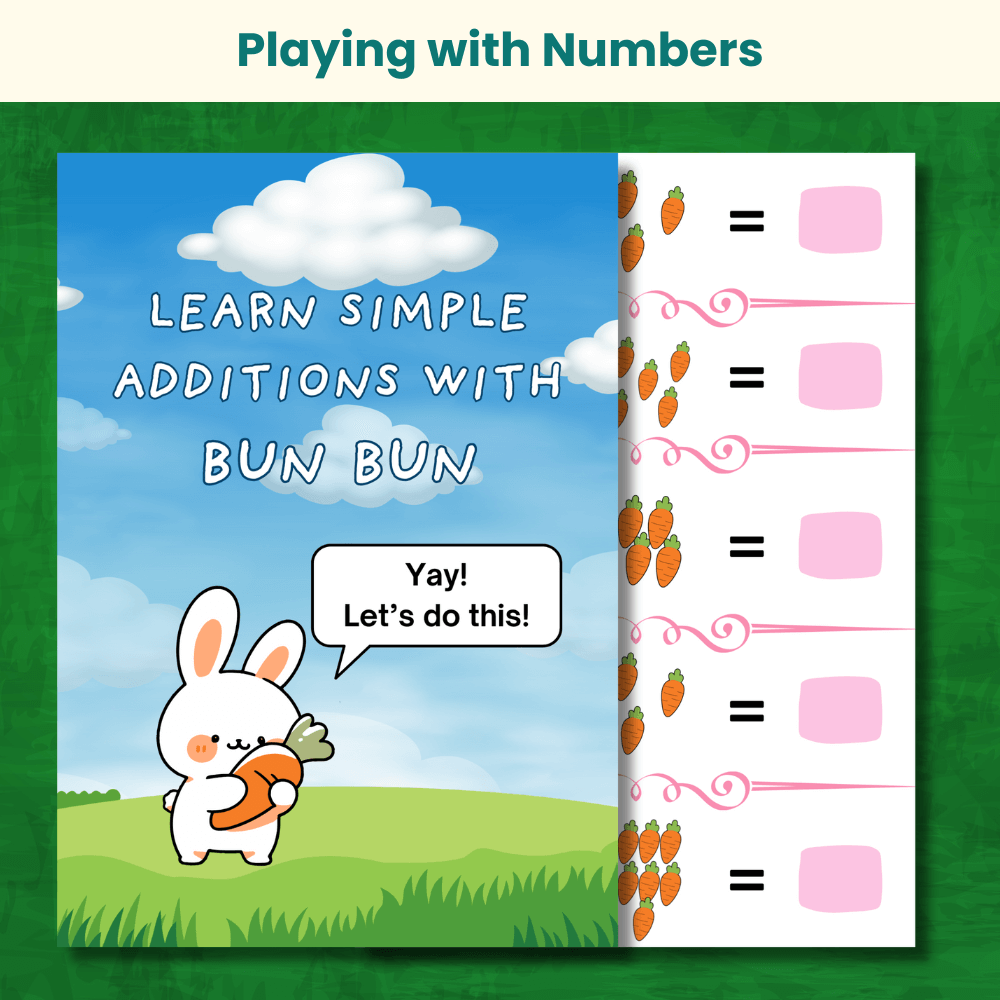Carrot addition worksheet for kids with bunny character and colorful carrots for fun early math learning practice.