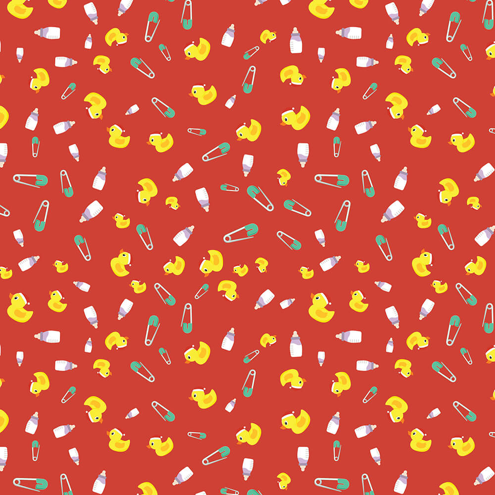Cute baby illustration seamless pattern with tiny baby items like bottles, ducks and pins designed for toddler backgrounds.
