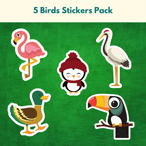 Cute bird stickers printable featuring five illustrated birds arranged for crafts, journaling, and decorative use.