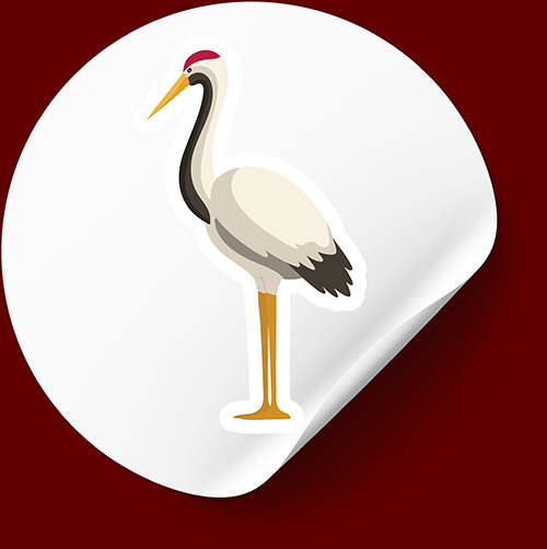 Minimal crane bird sticker with clean lines and white border styled on a curled white sheet over rich red backdrop.