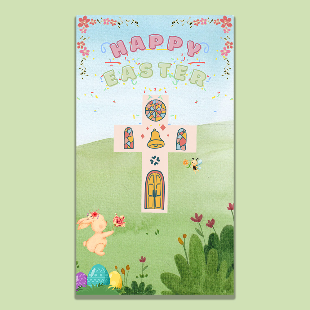 Cute Easter video with a bunny and bee greeting a decorated cross surrounded by pastel florals and soft spring artwork.
