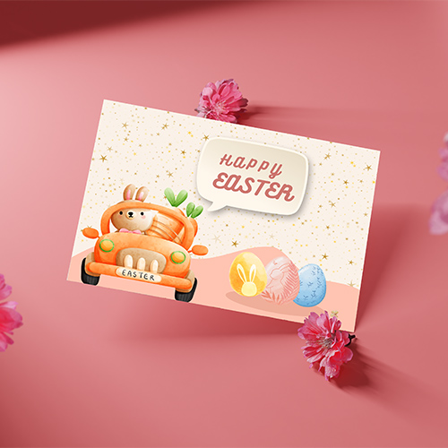Cute Easter card printable with bunny in carrot car, pastel eggs and stars for cheerful spring greeting.