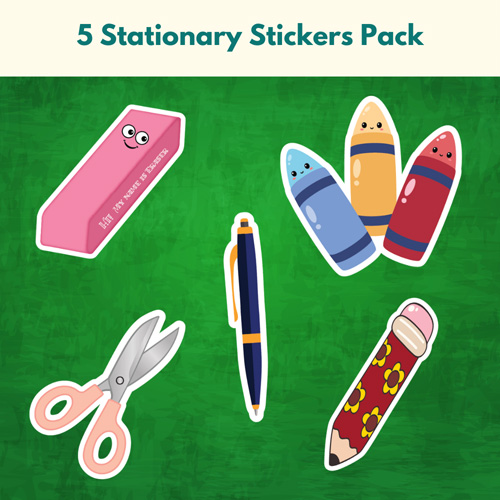 Cute stationery stickers printable with crayons, scissors and eraser illustrations for planners, journals and worksheets.