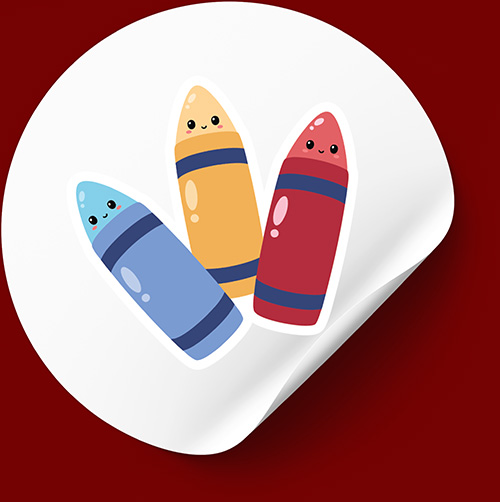 Three colorful smiling crayons in blue, yellow, and red arranged on a round sticker with a curled edge on red background.