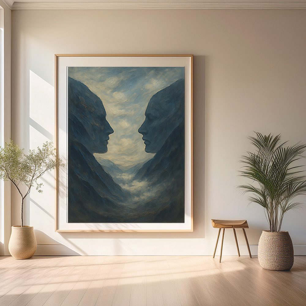 Dual mountain oil painting printable showing two calm natural forms with soft texture and visual harmony.