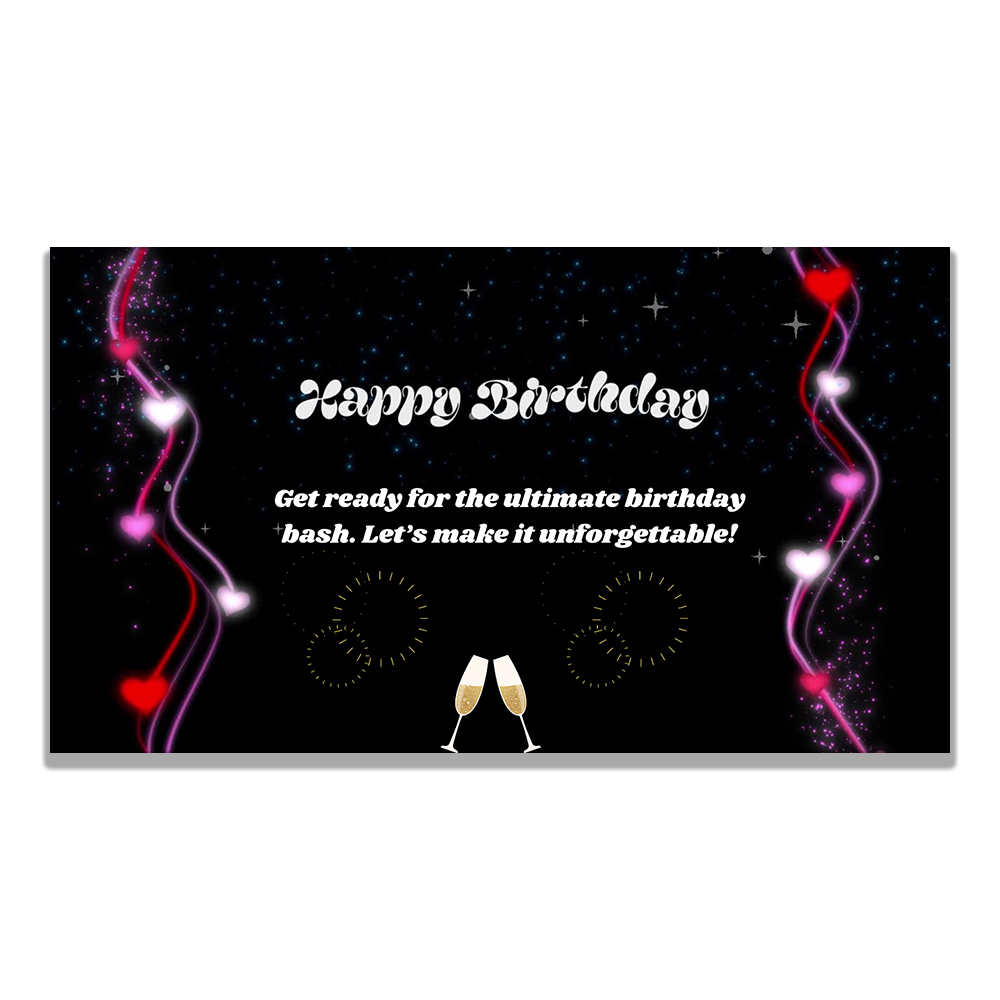 Elegant birthday video design with sparkling stars, heart trails, fireworks, and champagne glasses for a classy feel.