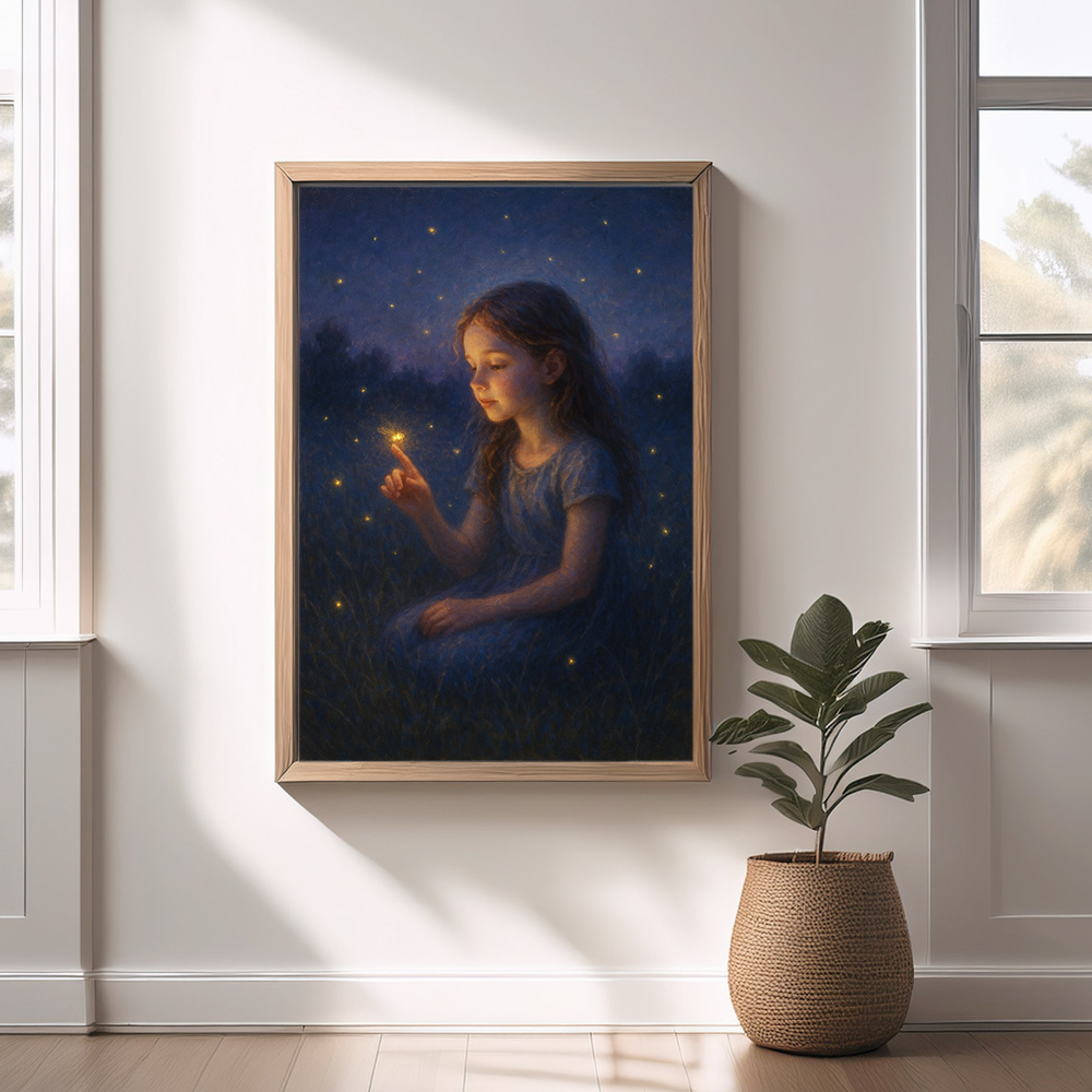 Firefly girl wall art printable showing a calm oil painting of a girl with glowing fireflies in a peaceful night scene.