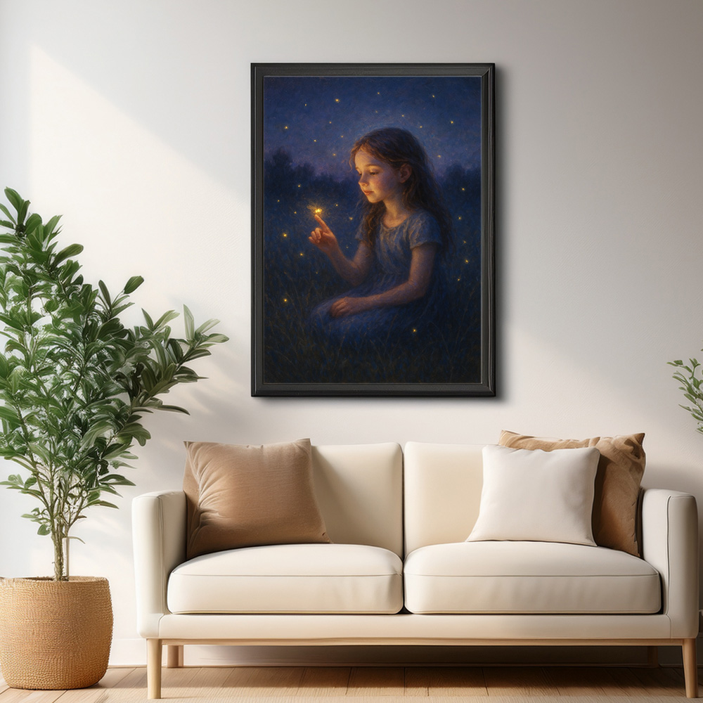 Firefly girl wall art above a white sofa with warm cushions, glowing softly in a calm and magical evening setup.