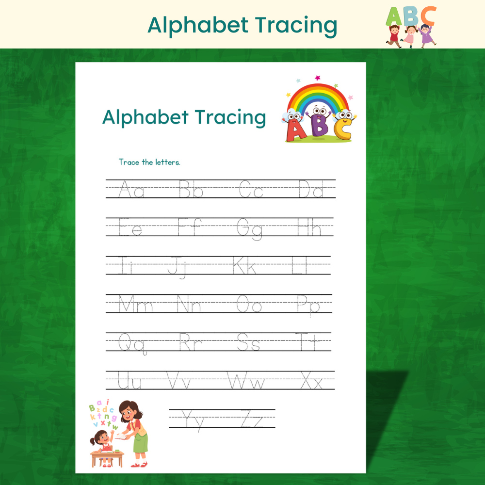 Alphabet Tracing Worksheet showing uppercase and lowercase letters with clear tracing lines for early handwriting practice.