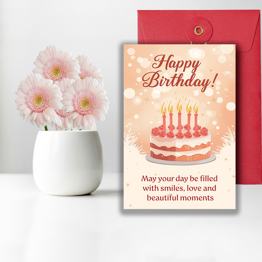 birthday cake card with soft pastel colors and a cheerful cake illustration designed for warm birthday wishes.