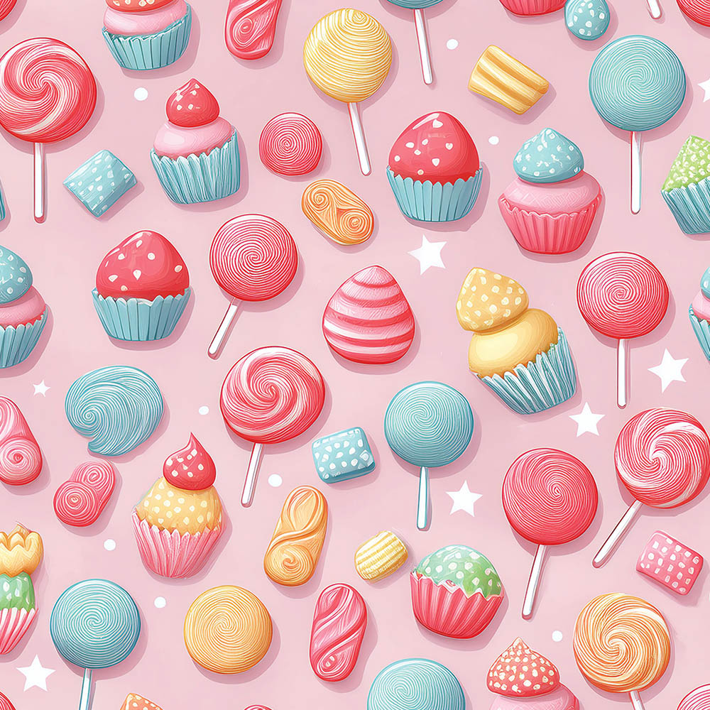Candy pattern showing colorful 3D sweets and cupcakes on a soft pink background, created for playful designs.