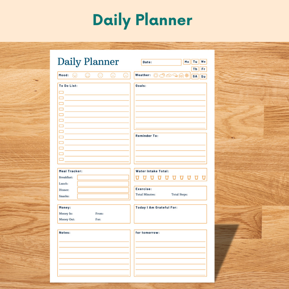 Daily planner printable with organized sections for tasks, goals, meals, water tracking, exercise, gratitude, and notes.