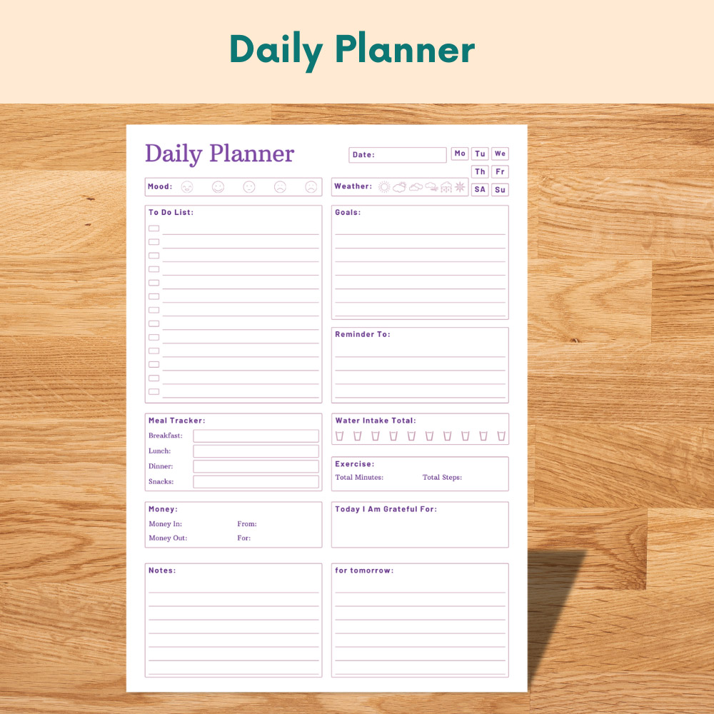 Minimalist daily planner printable with a clean layout and soft sections designed for calm and focused daily planning.