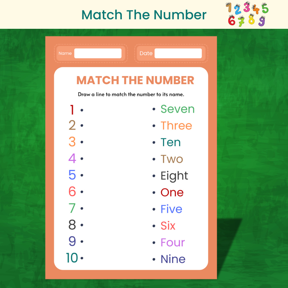 Number matching worksheet showing numbers one to ten with matching number names designed for early math learning.