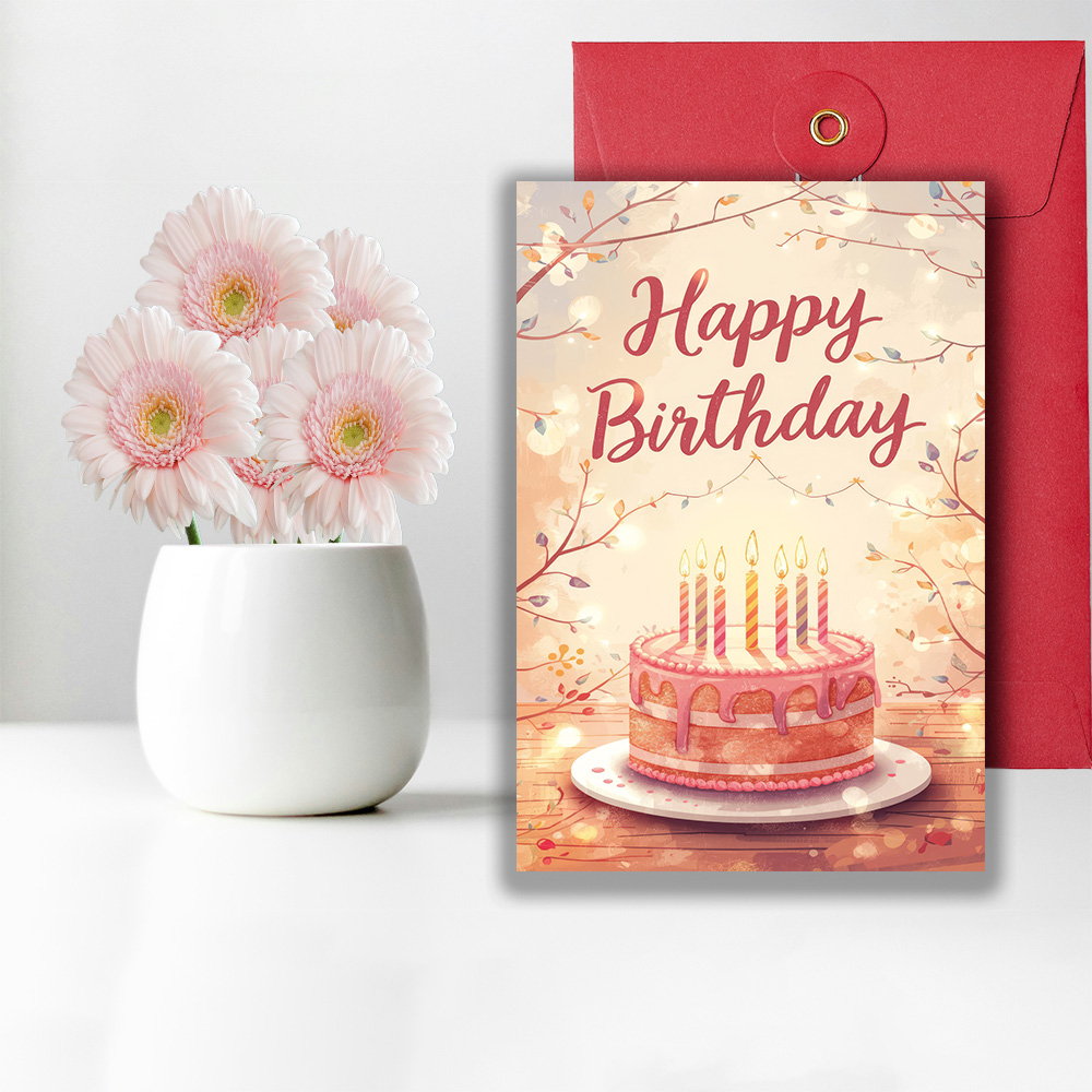 Watercolor birthday cake card with soft hand painted colors and a gentle cake illustration for warm birthday wishes.