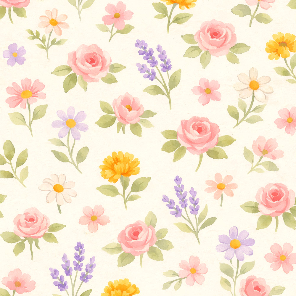 Watercolor floral seamless pattern with pastel roses, daisies and lavender flowers arranged in a soft repeating design.