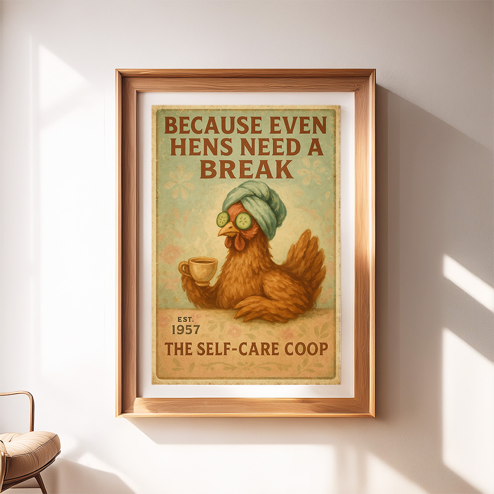 Funny chicken wall art printable showing a relaxed hen with spa towel, cucumber eyes, coffee cup and vintage self care theme.