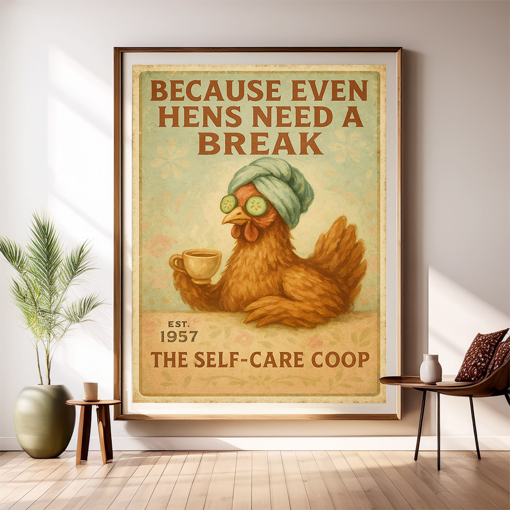 Funny chicken wall art featuring a relaxed hen with tea and towel, styled in a bright room for a playful and cozy decor vibe.