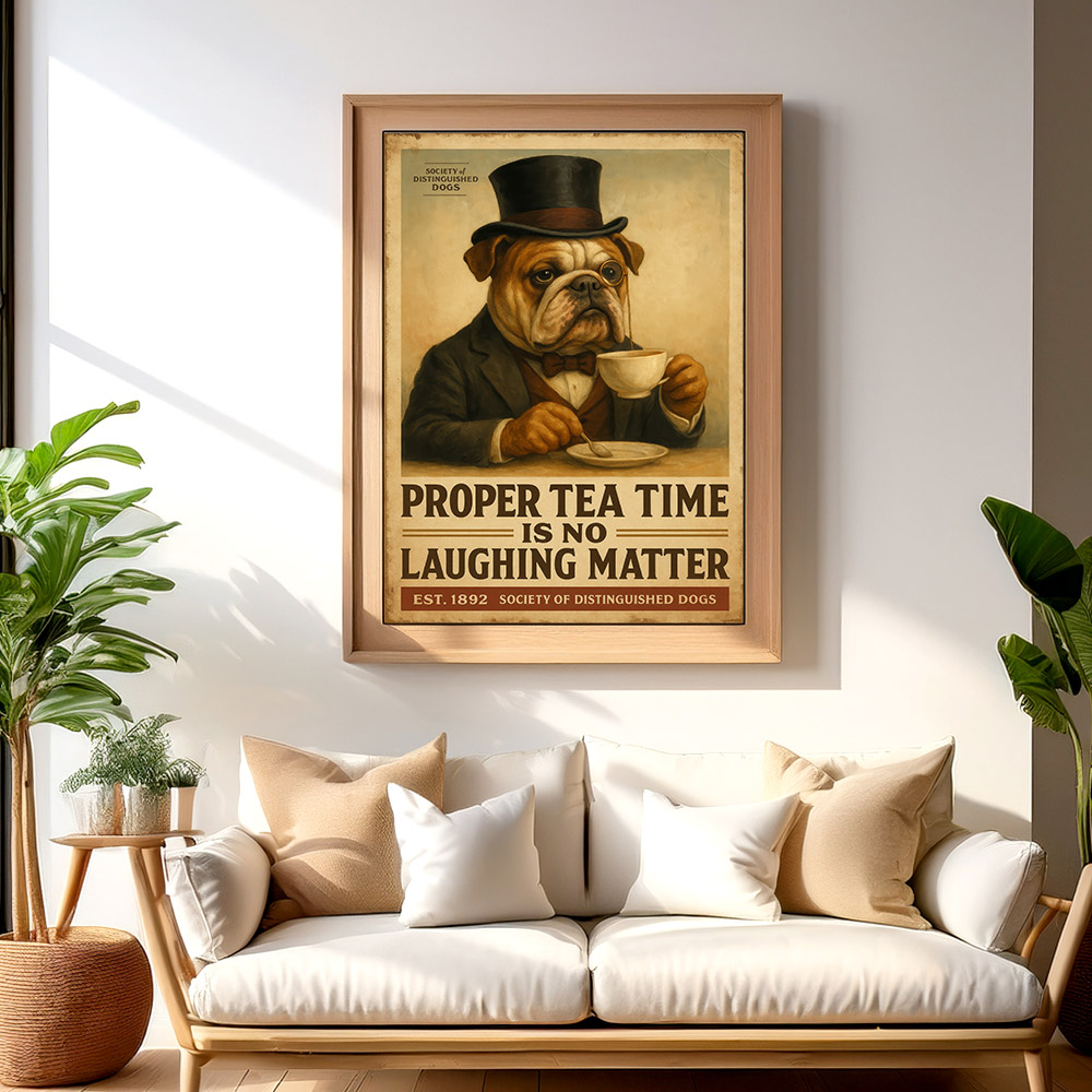 Framed dog tea time artwork with vintage charm above neutral sofa and plants, adding humor to cozy living space.