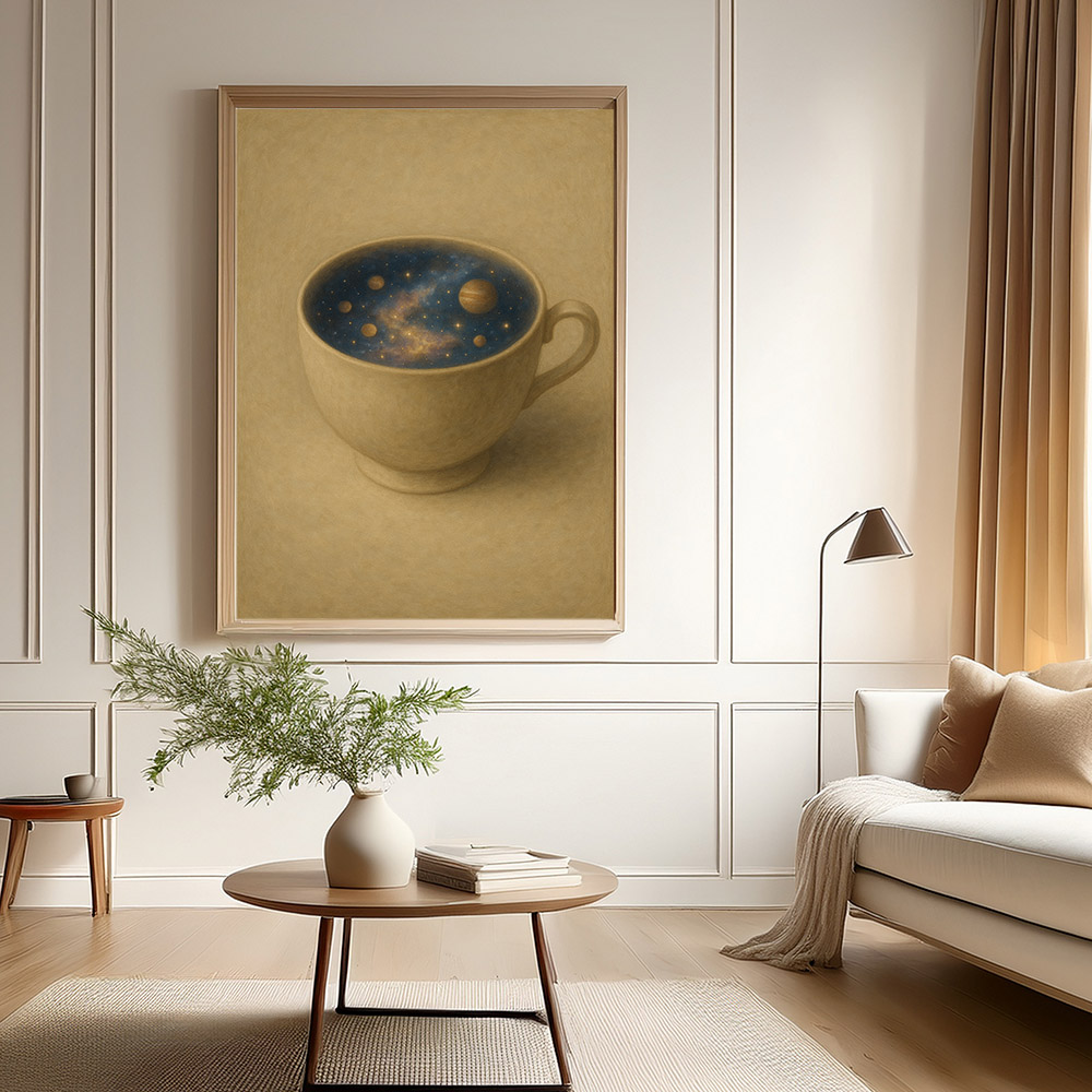 Galaxy coffee oil painting hanging above a light modern sofa, styled with soft natural light and minimal cozy decor.