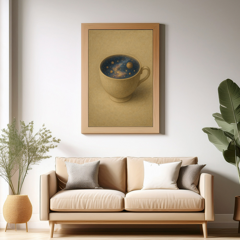 Galaxy coffee oil painting printable showing a hand painted coffee cup with glowing galaxy in a calm surreal wall art scene.
