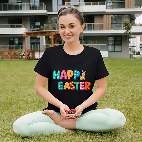 Happy Easter T-shirt design with bright floral letters, cute bunny spring basket and soft pastel art for joyful crafts.