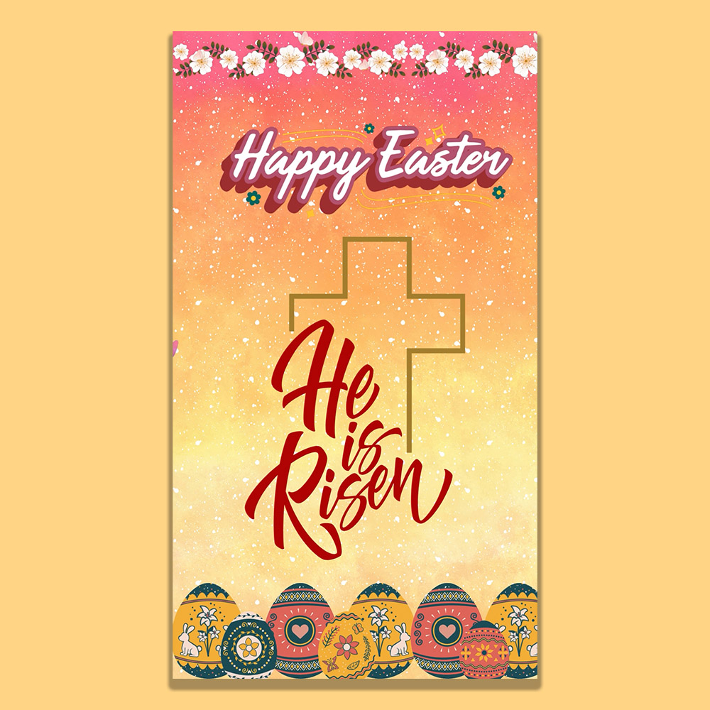 He Is Risen Easter video featuring a glowing cross warm sunrise colors floral accents and gentle spiritual artwork.