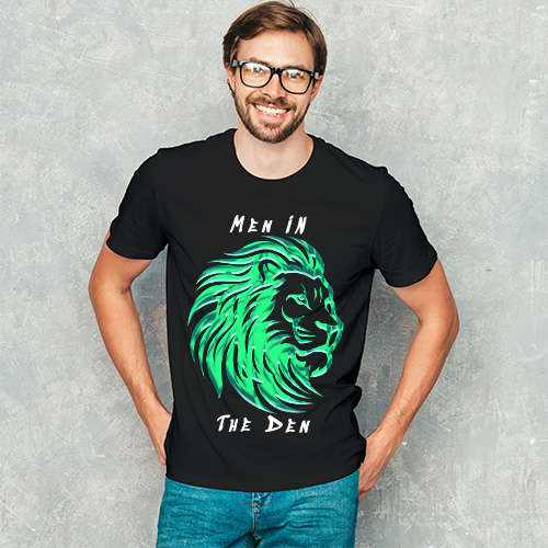 Casual fashion portrait of a man wearing a black T shirt with emerald green lion graphic creating a bold visual contrast.