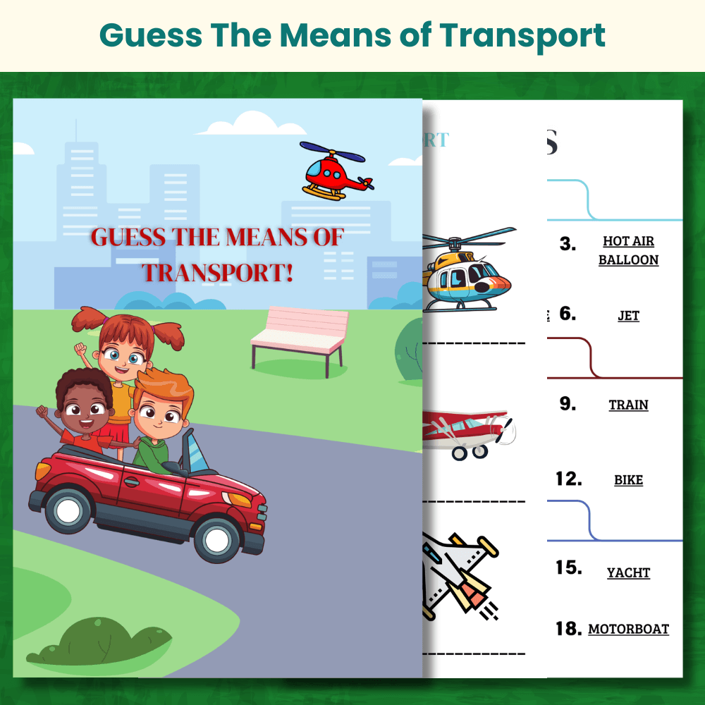 Colorful means of transport worksheet showing car, helicopter, and train with guessing activity for playful learning.