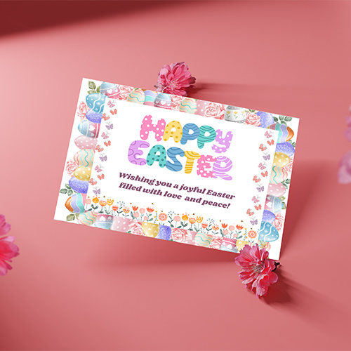 Pastel Easter card with colorful eggs, florals, butterflies and cheerful Happy Easter text for joyful greetings.