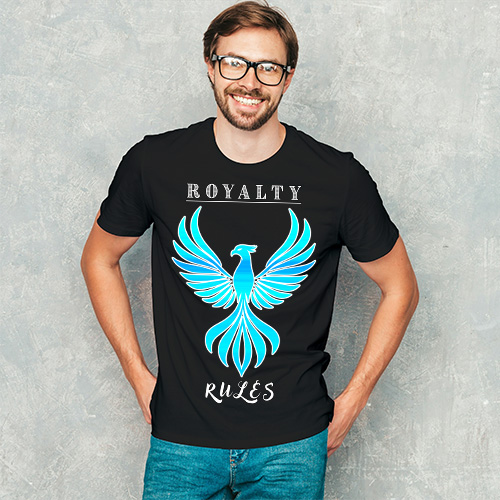 Man wearing a black T-shirt with a blue phoenix Royalty Rules design, standing confidently against a textured background.