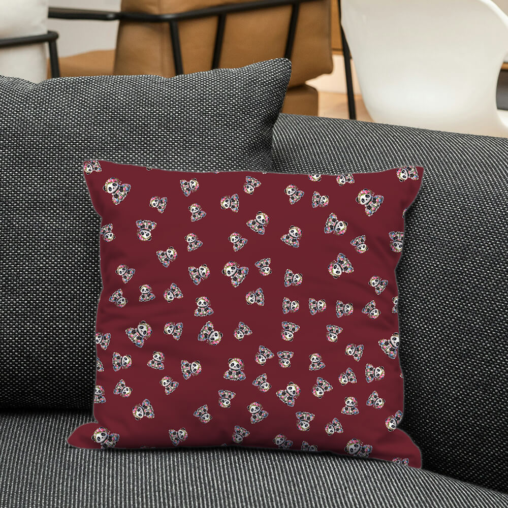 Princess panda cushion in soft brick maroon tone, perfect for cozy nursery settings and playful gift-worthy accents.