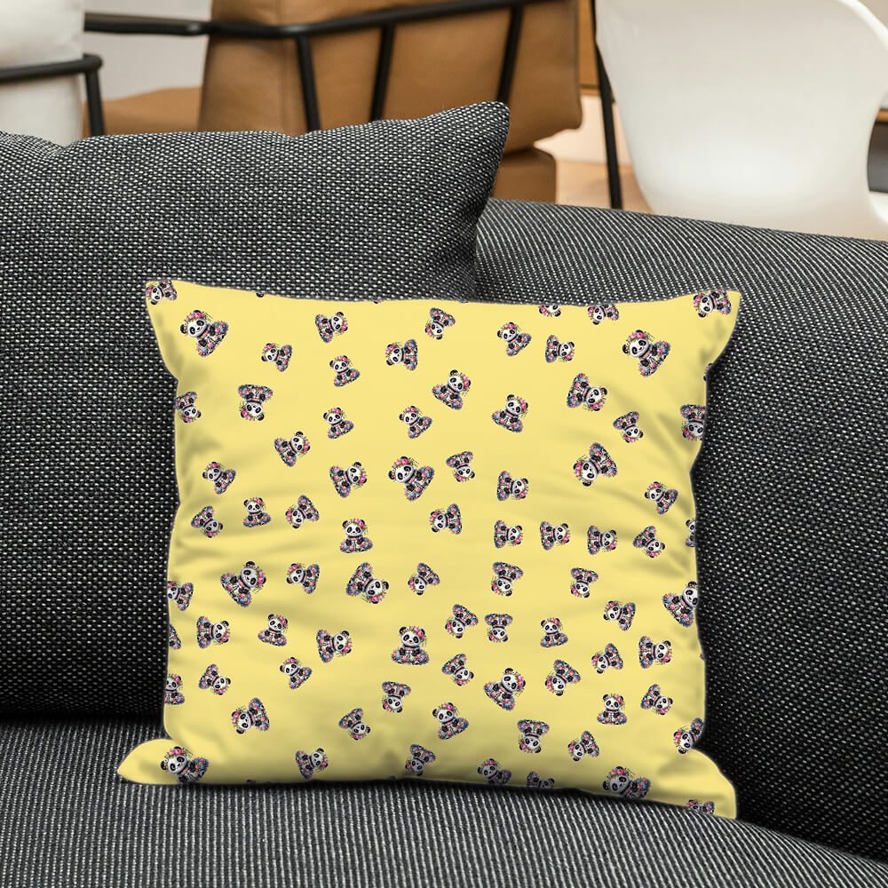 Cushion with princess panda pattern on soft yellow tone, adding playful charm to nursery or kids space.
