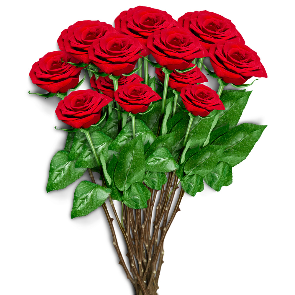 A realistic bouquet of red roses with lush green leaves arranged naturally on a transparent background.