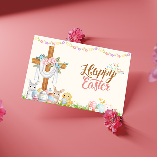 Soft religious Easter card printable with cross, florals, butterflies, bunnies and pastel eggs for a warm spring blessing.