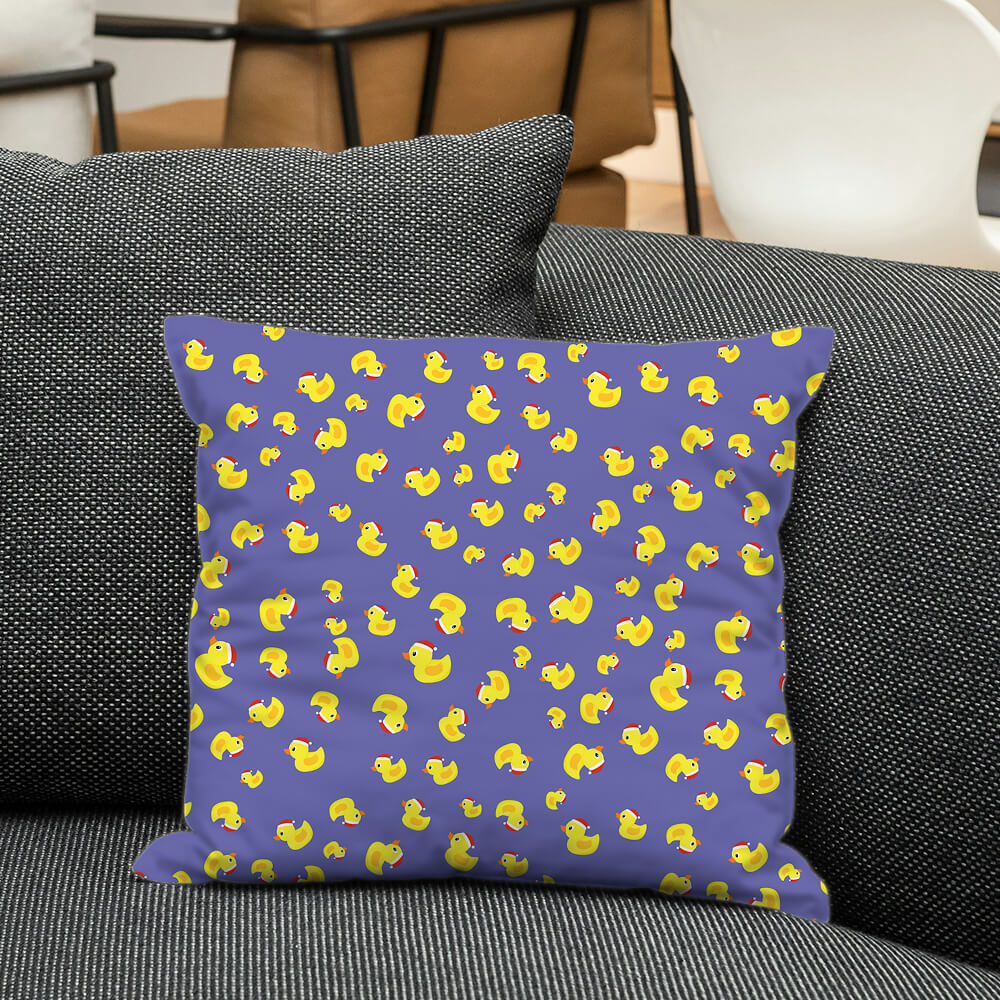 Yellow duck seamless design on cushion with purple base, offering a joyful and child friendly room accent.