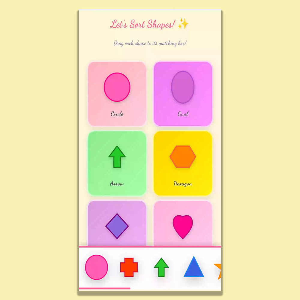 Interactive shape sorting game for kids with drag and drop shapes and matching boxes in a colorful learning layout.