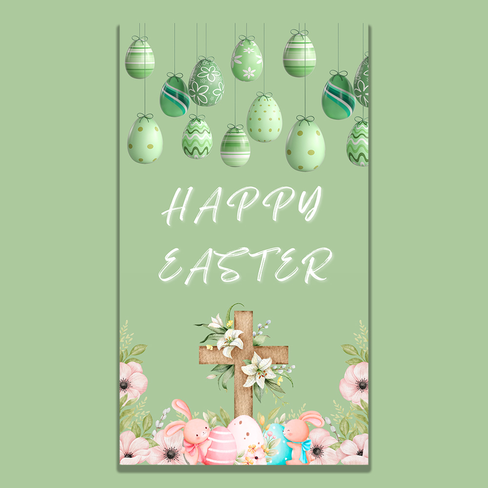 Soft Easter blessing video with pastel eggs, floral cross and cute bunnies offering a gentle spring greeting.